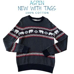 Aspen Men’s Polar Bear Holiday Sweater NWT 100% Cotton Navy Fair Isle Knit